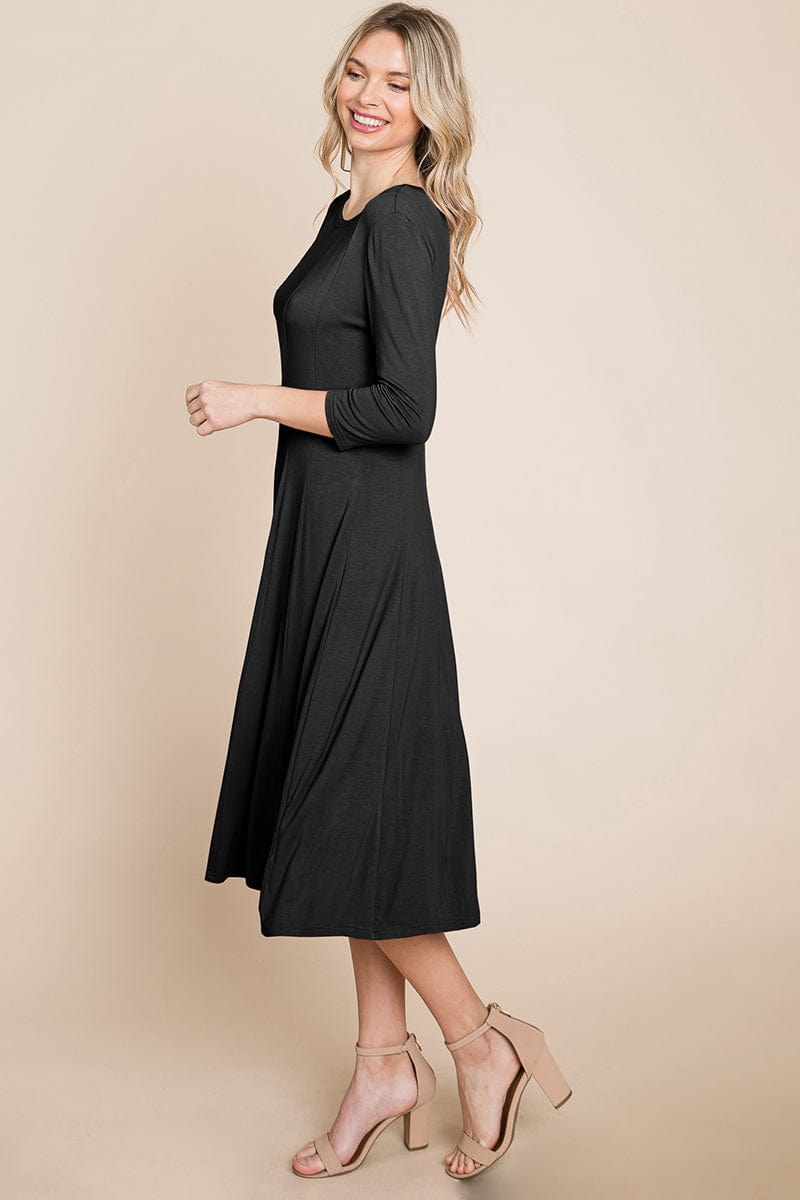 Pleated 3/4 Sleeve A line Flare Midi Jersey Dress | Apparel | Kitchen + Metal