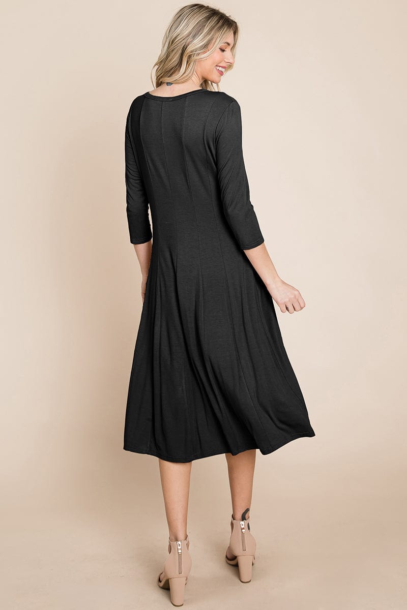 Pleated 3/4 Sleeve A line Flare Midi Jersey Dress | Apparel | Kitchen + Metal