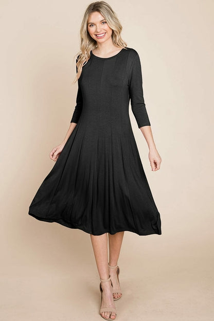 Pleated 3/4 Sleeve A line Flare Midi Jersey Dress | Apparel | Kitchen + Metal