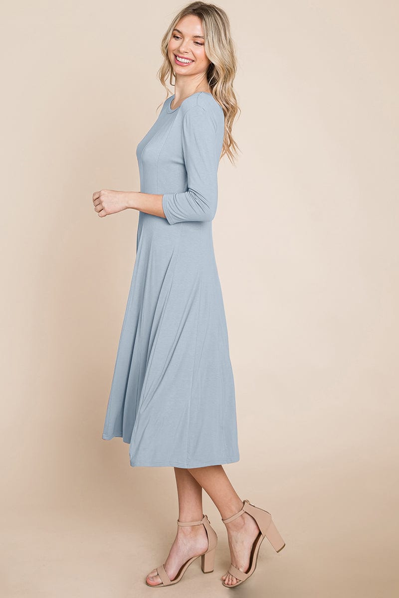 Pleated 3/4 Sleeve A line Flare Midi Jersey Dress | Apparel | Kitchen + Metal