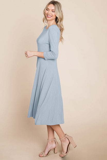 Pleated 3/4 Sleeve A line Flare Midi Jersey Dress | Apparel | Kitchen + Metal