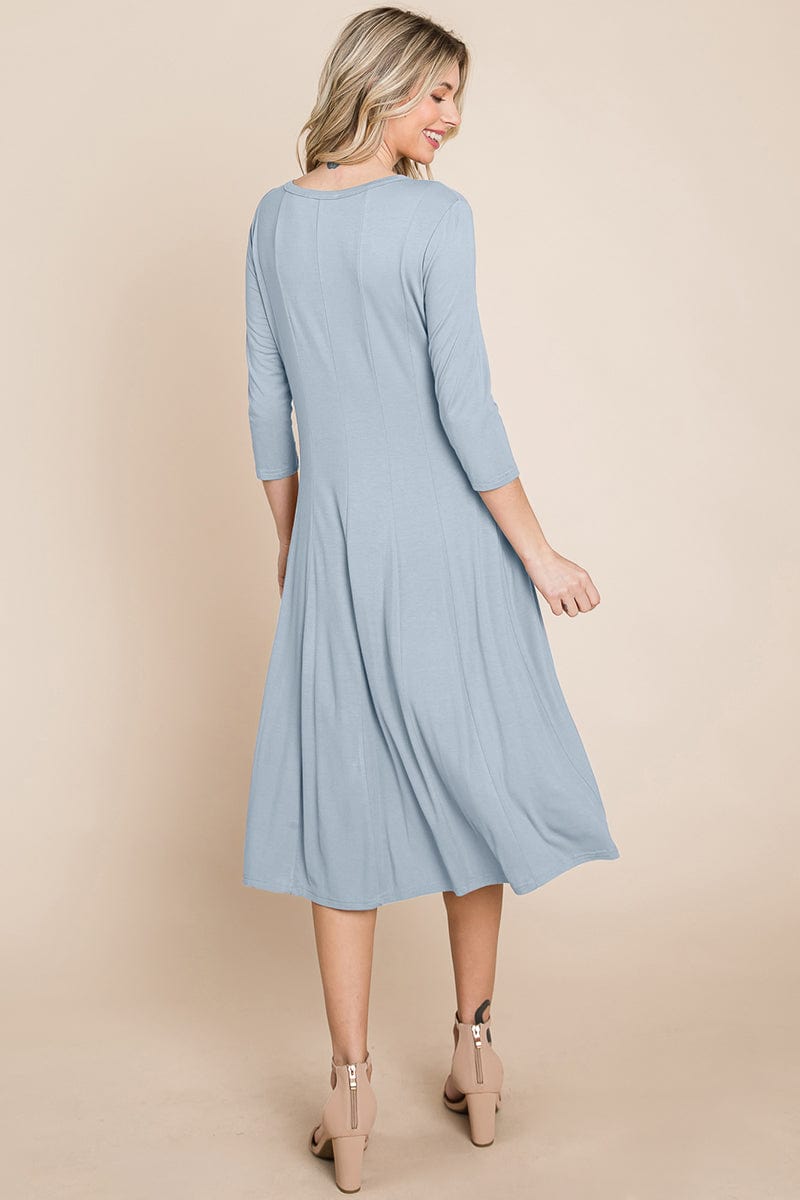 Pleated 3/4 Sleeve A line Flare Midi Jersey Dress | Apparel | Kitchen + Metal