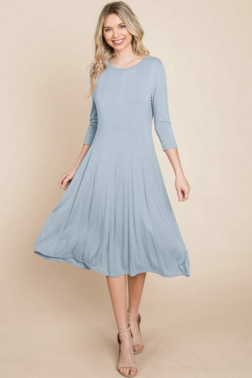 Pleated 3/4 Sleeve A line Flare Midi Jersey Dress | Apparel | Kitchen + Metal