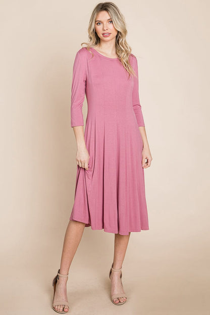 Pleated 3/4 Sleeve A line Flare Midi Jersey Dress | Apparel | Kitchen + Metal