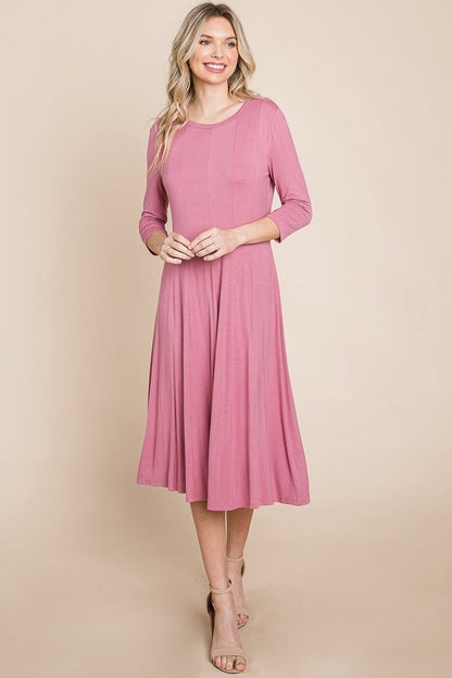 Pleated 3/4 Sleeve A line Flare Midi Jersey Dress | Apparel | Kitchen + Metal
