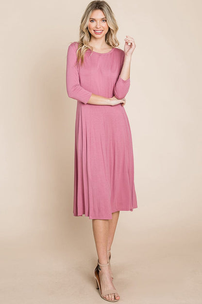 Pleated 3/4 Sleeve A line Flare Midi Jersey Dress | Apparel | Kitchen + Metal