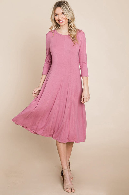 Pleated 3/4 Sleeve A line Flare Midi Jersey Dress | Apparel | Kitchen + Metal