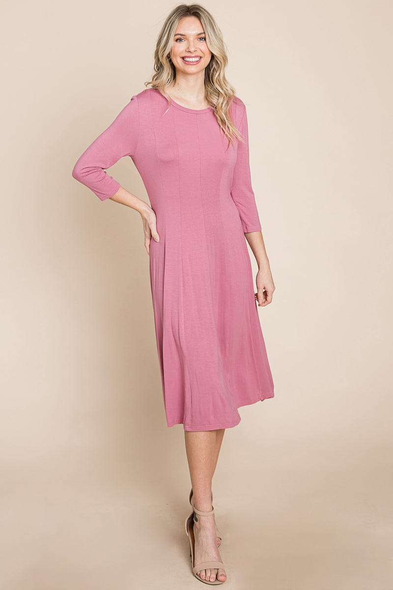 Pleated 3/4 Sleeve A line Flare Midi Jersey Dress | Apparel | Kitchen + Metal
