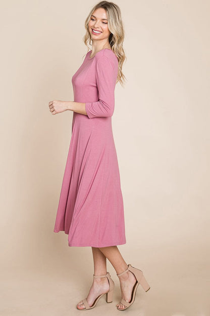 Pleated 3/4 Sleeve A line Flare Midi Jersey Dress | Apparel | Kitchen + Metal