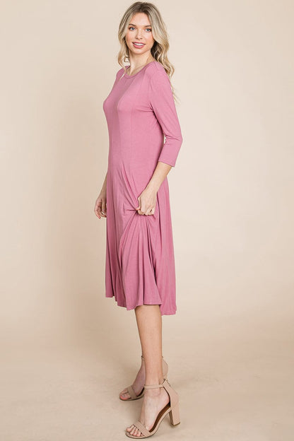 Pleated 3/4 Sleeve A line Flare Midi Jersey Dress | Apparel | Kitchen + Metal