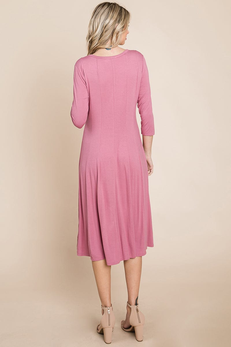 Pleated 3/4 Sleeve A line Flare Midi Jersey Dress | Apparel | Kitchen + Metal