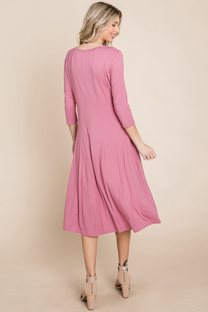 Pleated 3/4 Sleeve A line Flare Midi Jersey Dress | Apparel | Kitchen + Metal