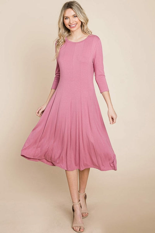 Pleated 3/4 Sleeve A line Flare Midi Jersey Dress | Apparel | Kitchen + Metal