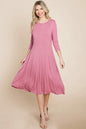 Pleated 3/4 Sleeve A line Flare Midi Jersey Dress | Apparel | Kitchen + Metal