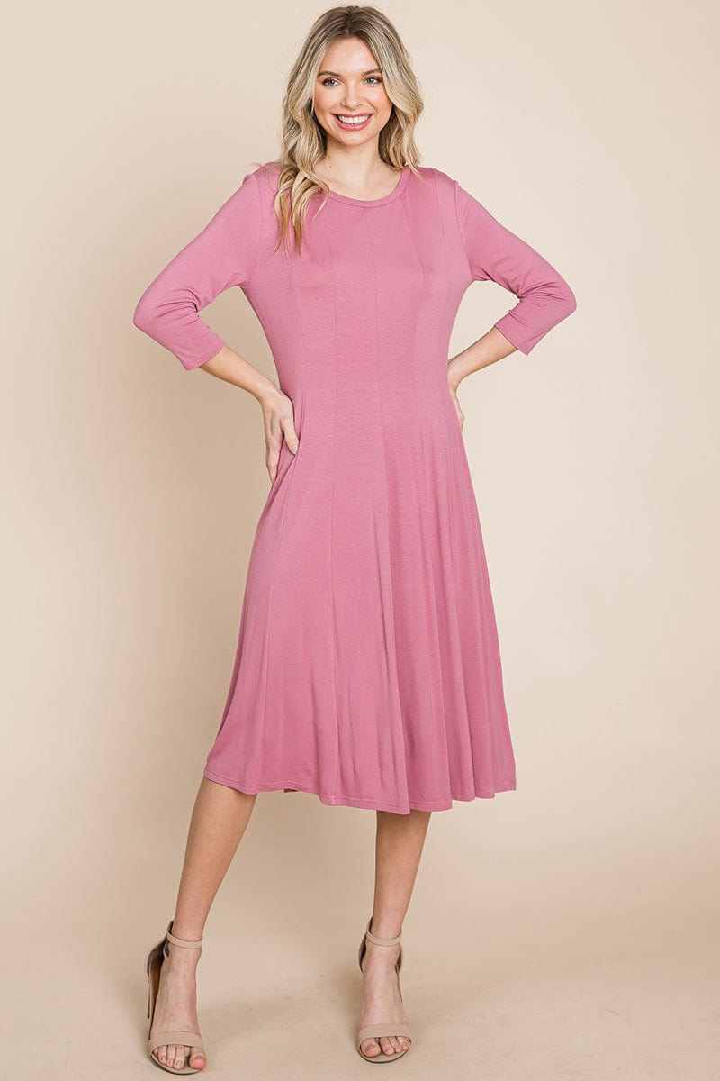 Pleated 3/4 Sleeve A line Flare Midi Jersey Dress | Apparel | Kitchen + Metal