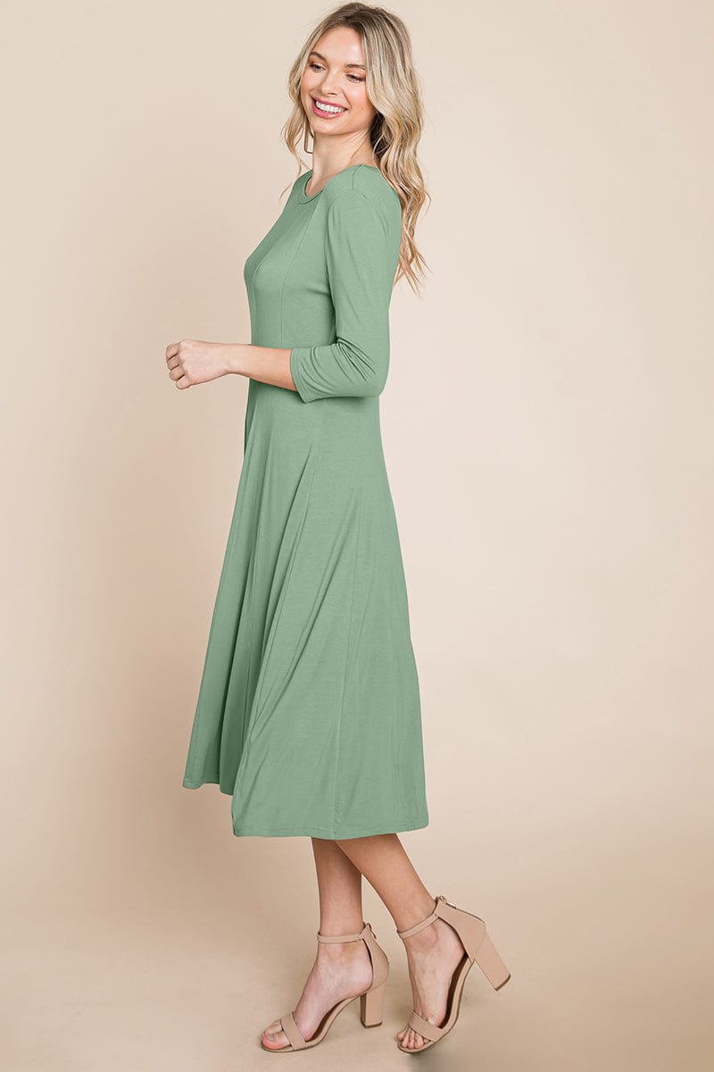 Pleated 3/4 Sleeve A line Flare Midi Jersey Dress | Apparel | Kitchen + Metal