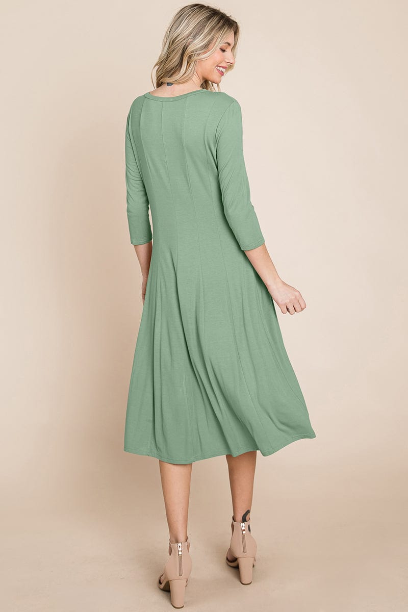 Pleated 3/4 Sleeve A line Flare Midi Jersey Dress | Apparel | Kitchen + Metal
