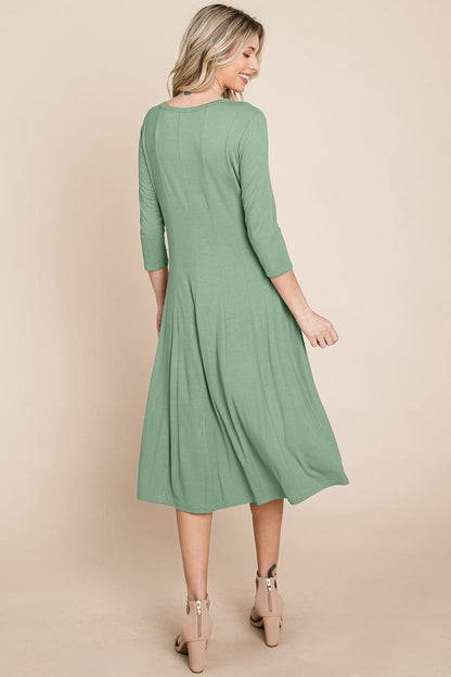 Pleated 3/4 Sleeve A line Flare Midi Jersey Dress | Apparel | Kitchen + Metal
