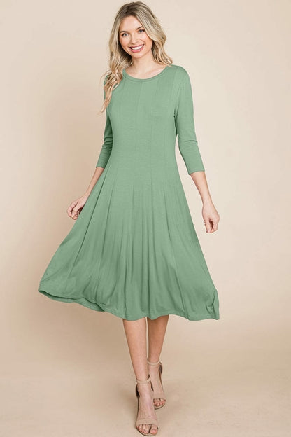 Pleated 3/4 Sleeve A line Flare Midi Jersey Dress | Apparel | Kitchen + Metal