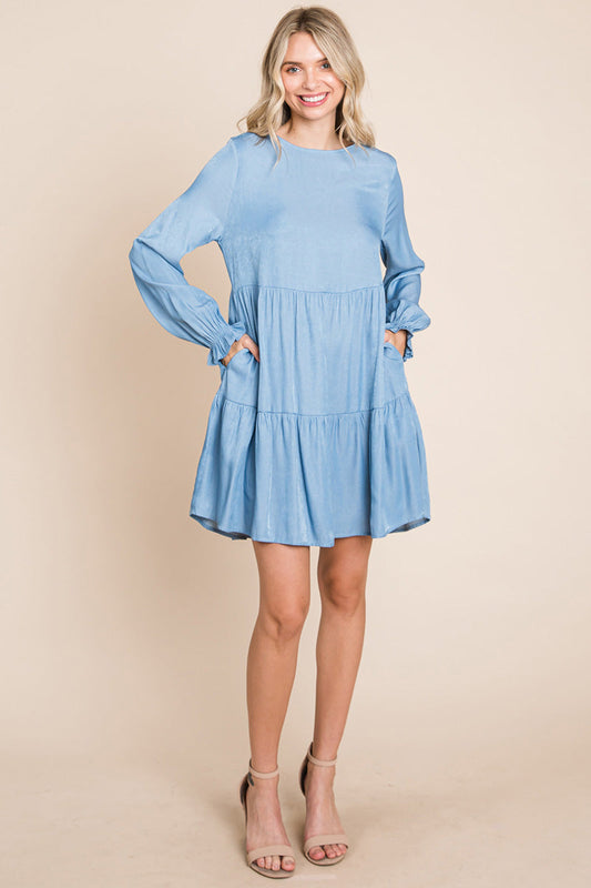Chambray Pleated Tiered Long Sleeve Dress | Apparel | Kitchen + Metal