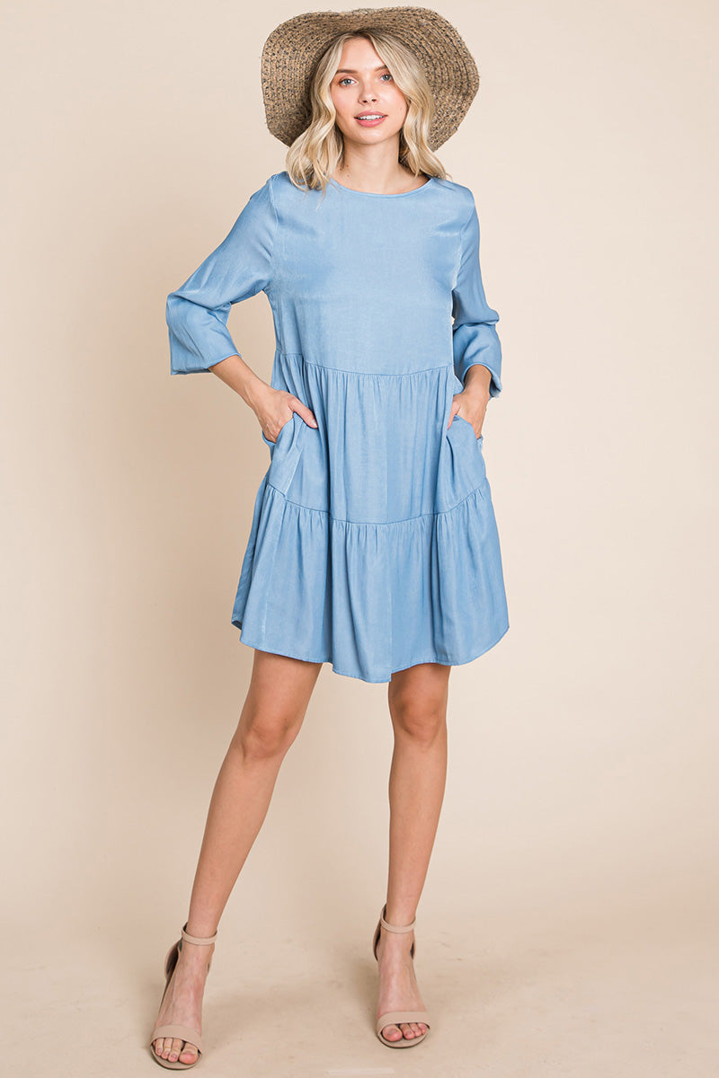 Chambray Pleated Tiered Long Sleeve Dress | Apparel | Kitchen + Metal