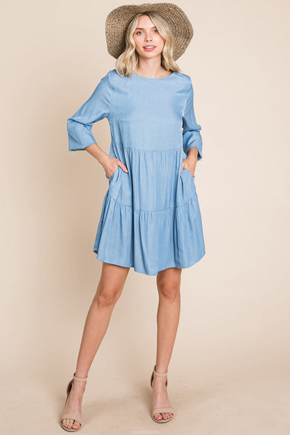 Chambray Pleated Tiered Long Sleeve Dress | Apparel | Kitchen + Metal