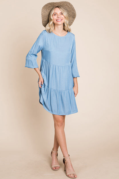 Chambray Pleated Tiered Long Sleeve Dress | Apparel | Kitchen + Metal