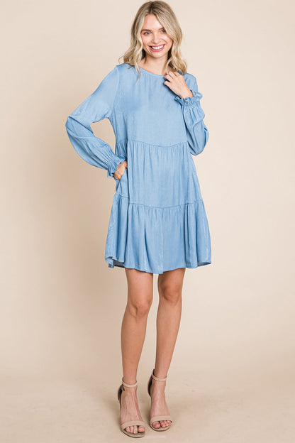 Chambray Pleated Tiered Long Sleeve Dress | Apparel | Kitchen + Metal