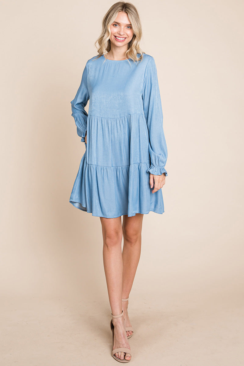 Chambray Pleated Tiered Long Sleeve Dress | Apparel | Kitchen + Metal