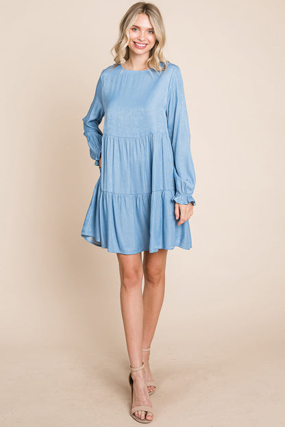 Chambray Pleated Tiered Long Sleeve Dress | Apparel | Kitchen + Metal