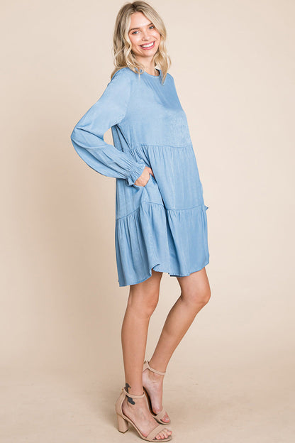 Chambray Pleated Tiered Long Sleeve Dress | Apparel | Kitchen + Metal