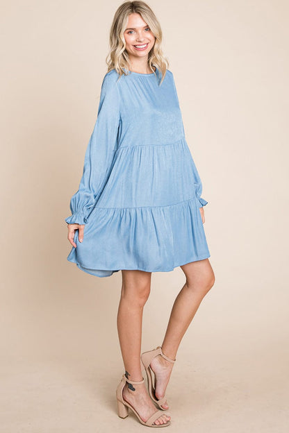 Chambray Pleated Tiered Long Sleeve Dress | Apparel | Kitchen + Metal