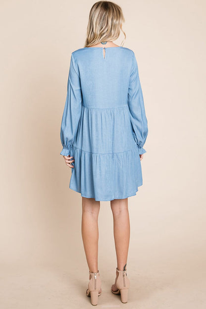 Chambray Pleated Tiered Long Sleeve Dress | Apparel | Kitchen + Metal