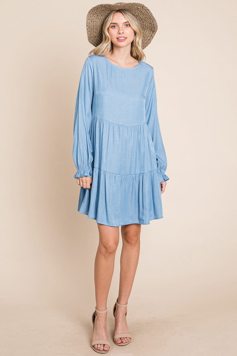 Chambray Pleated Tiered Long Sleeve Dress | Apparel | Kitchen + Metal