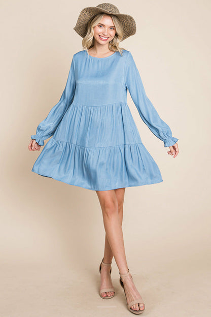 Chambray Pleated Tiered Long Sleeve Dress | Apparel | Kitchen + Metal