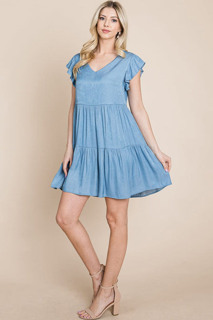 Chambray Pleated Tiered Ruffle Sleeve Dress | Apparel | Kitchen + Metal