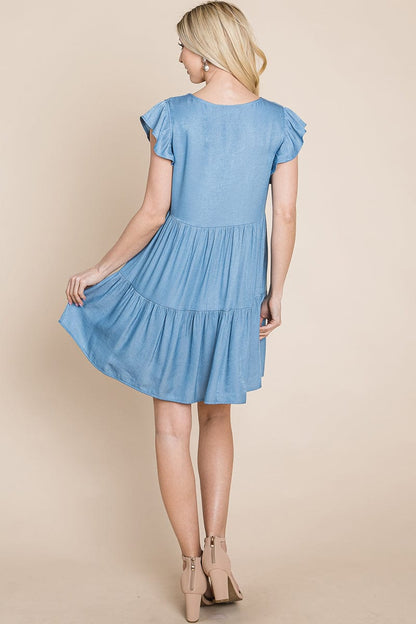 Chambray Pleated Tiered Ruffle Sleeve Dress | Apparel | Kitchen + Metal