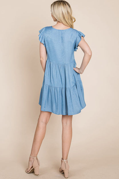 Chambray Pleated Tiered Ruffle Sleeve Dress | Apparel | Kitchen + Metal
