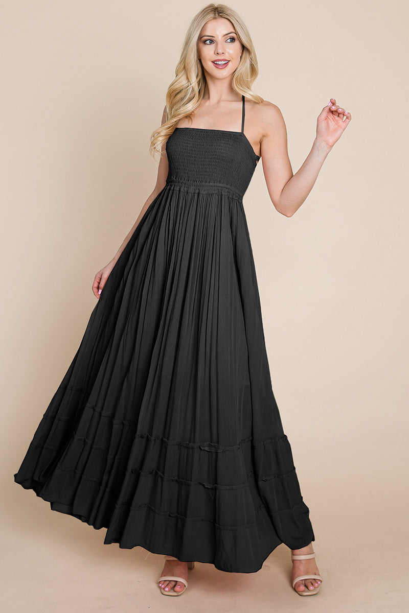 Smocked Flowy Boho Pleated Backless Maxi Dress | Apparel | Kitchen + Metal