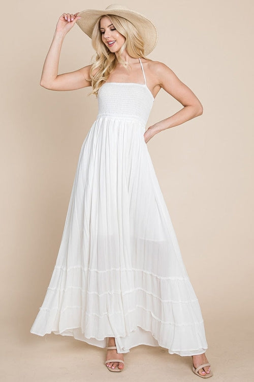 Smocked Flowy Boho Pleated Backless Maxi Dress | Apparel | Kitchen + Metal