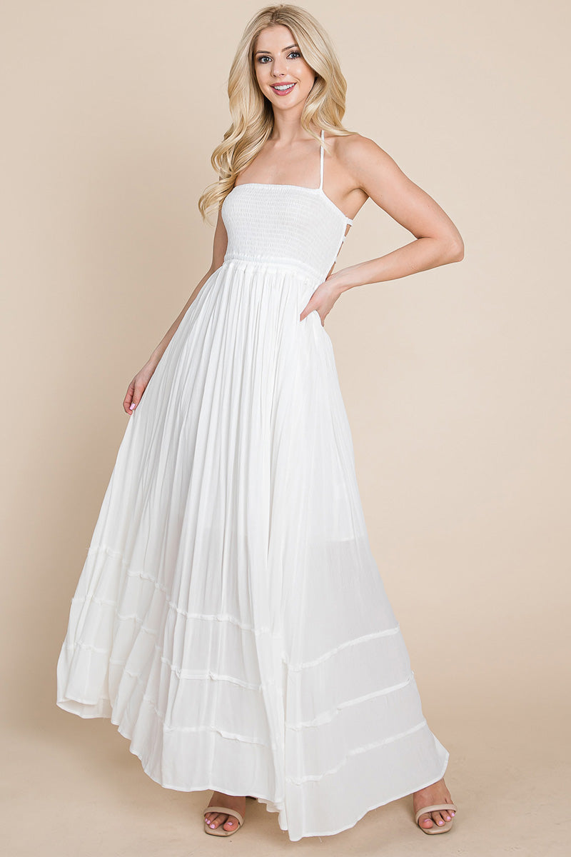 Smocked Flowy Boho Pleated Backless Maxi Dress | Apparel | Kitchen + Metal
