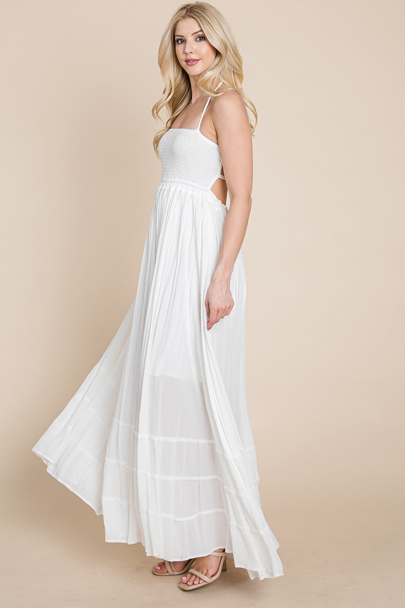 Smocked Flowy Boho Pleated Backless Maxi Dress | Apparel | Kitchen + Metal