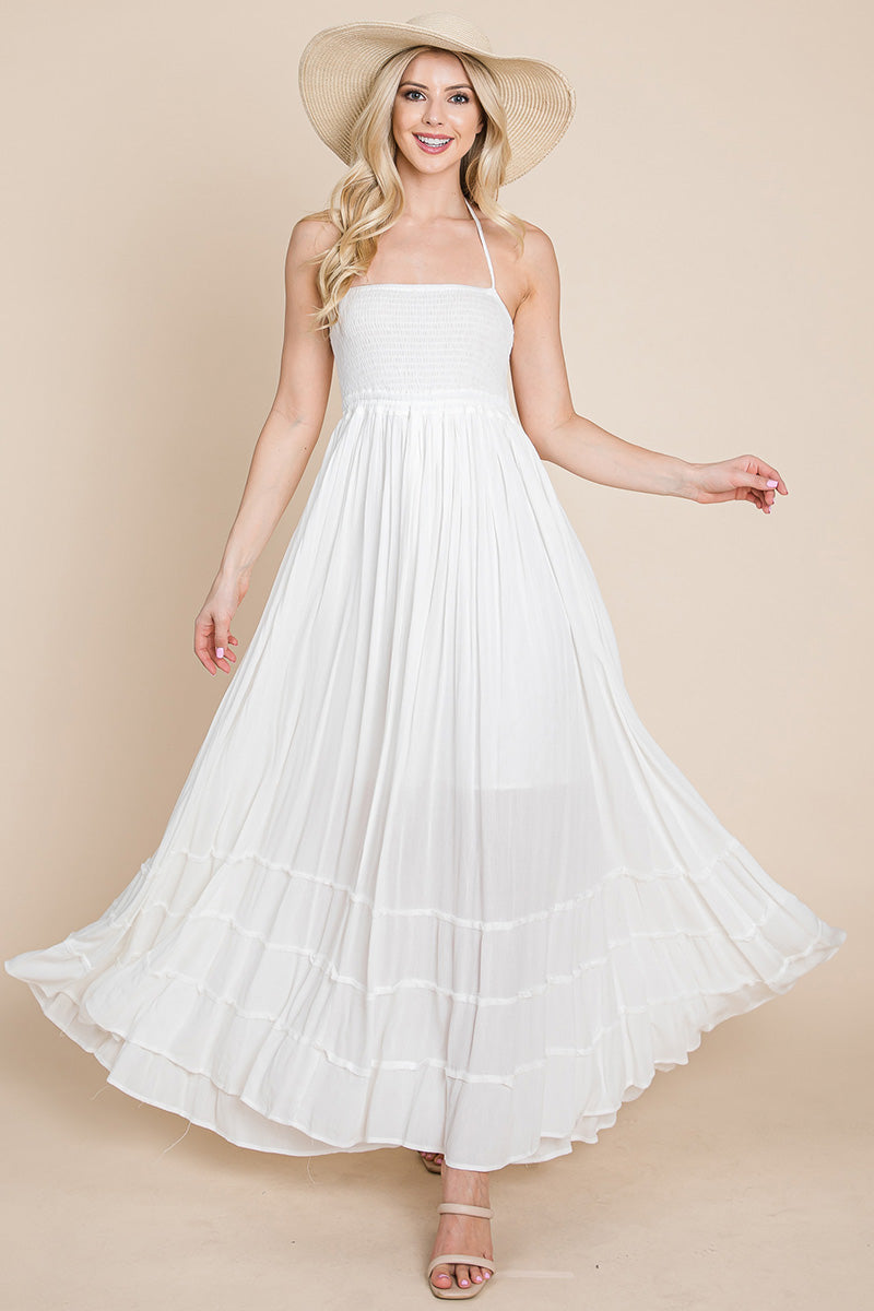 Smocked Flowy Boho Pleated Backless Maxi Dress | Apparel | Kitchen + Metal