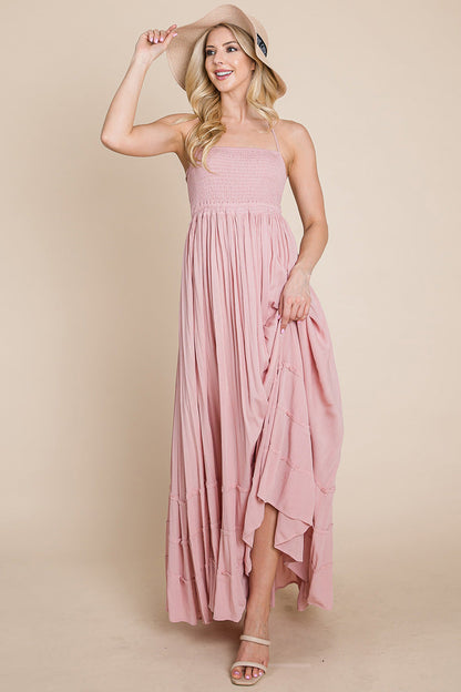 Smocked Flowy Boho Pleated Backless Maxi Dress | Apparel | Kitchen + Metal