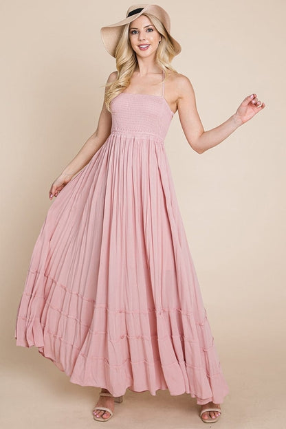 Smocked Flowy Boho Pleated Backless Maxi Dress | Apparel | Kitchen + Metal