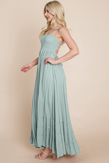 Smocked Flowy Boho Pleated Backless Maxi Dress | Apparel | Kitchen + Metal