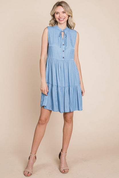 Chambray Tiered Sleeveless Ruffled Babydoll Dress | Apparel | Kitchen + Metal