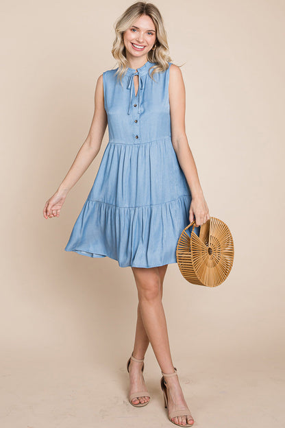 Chambray Tiered Sleeveless Ruffled Babydoll Dress | Apparel | Kitchen + Metal
