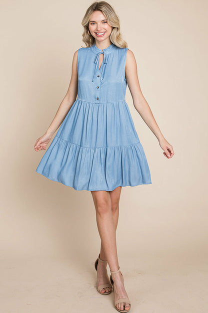Chambray Tiered Sleeveless Ruffled Babydoll Dress | Apparel | Kitchen + Metal