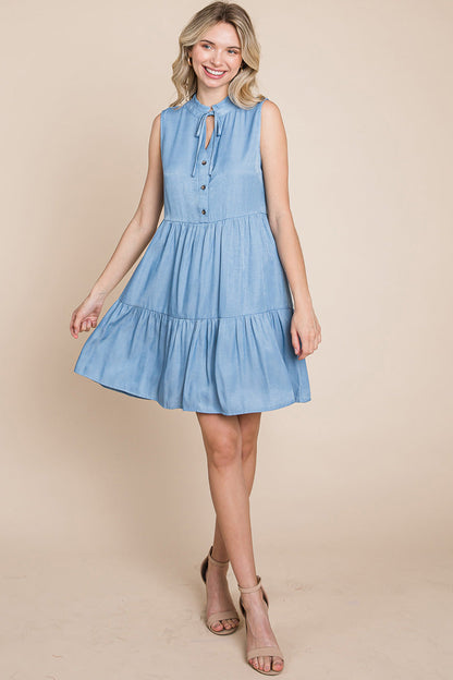 Chambray Tiered Sleeveless Ruffled Babydoll Dress | Apparel | Kitchen + Metal